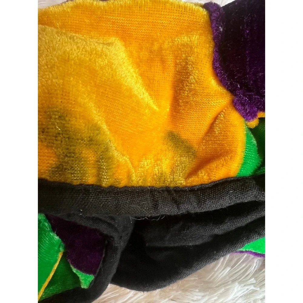 Mardi Gras Jester Hat OS Purple Green Gold Velvet Plush Bells Costume Joker READ